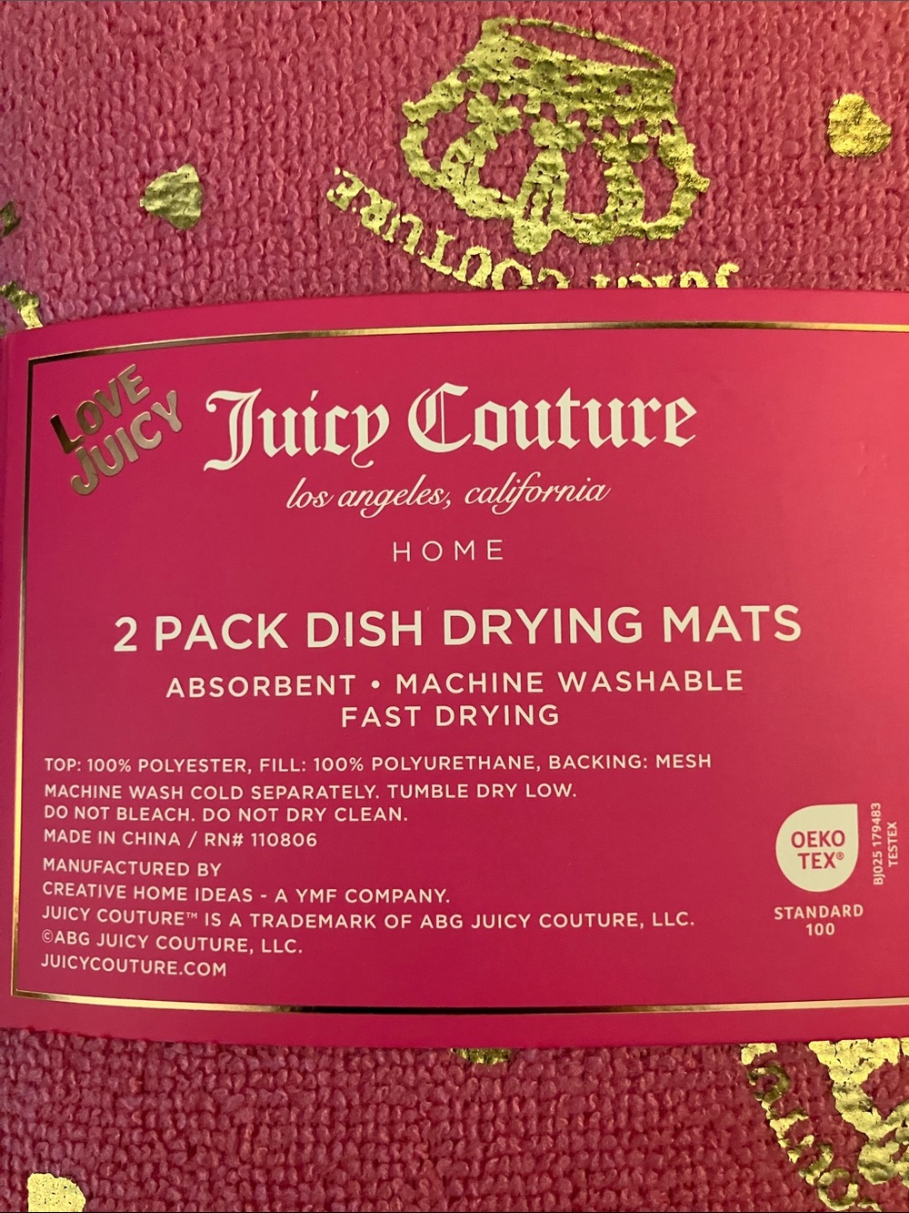 ✨Juicy Couture 2 pk dish drying mats hot pink gold crowns hearts logos NIP NWT - Picture 7 of 8